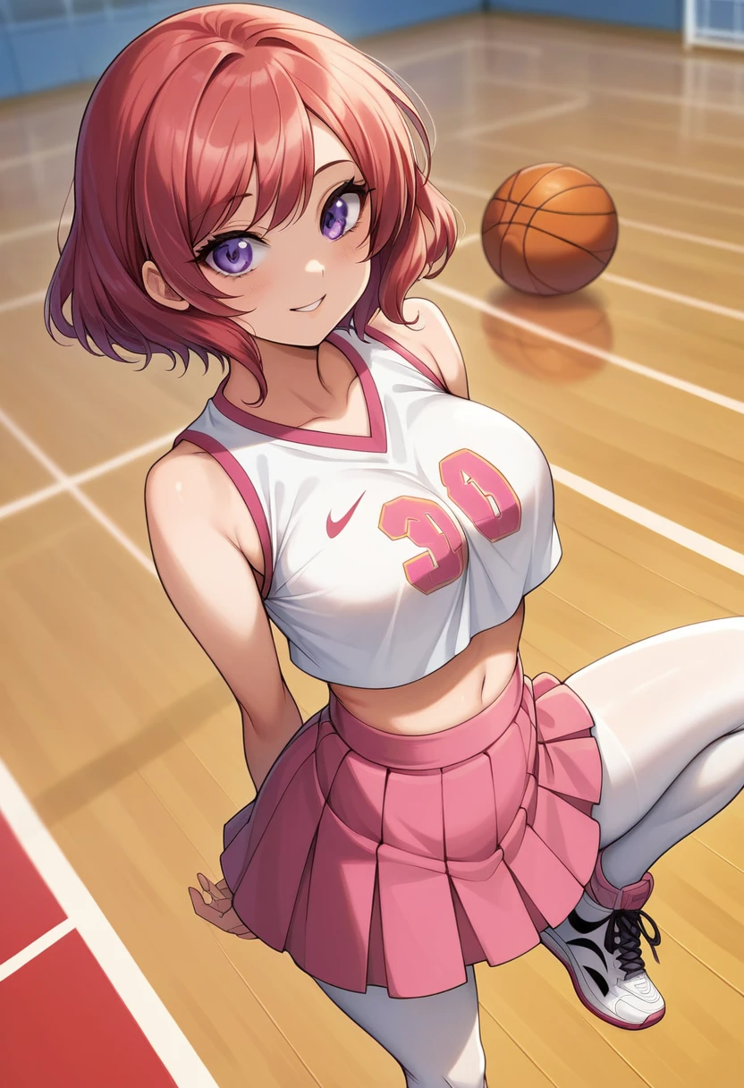 From above ,pov,wearing a pink crop top ,pink mini skirt with white knee-high leggings ,Nike sneakers, long athletic legs, on a basketball court, happy, Beautiful anime style school girl, clean detailed face, intricate clothing, analogous colours, glowing shadows, beautiful gradient, depth of field, clean image, high quality, high detail, high definition, Luminous Studio graphics engine, cute face, big breast, slim waist, nice hips, nishikino maki, purple eyes, red hair,arms behind back