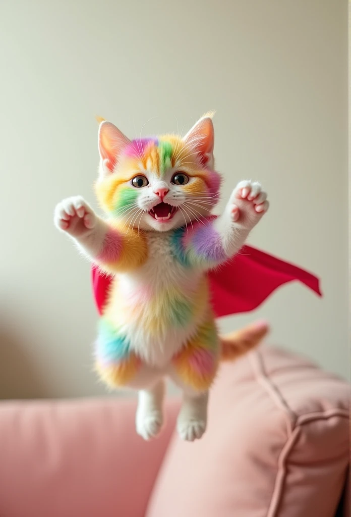 colorful、Fluffy cat，Baby Cat、very cute，，Mofumofu、Mofumofu、Ultimate HD image quality、Ultra-high resolution、Attention to detail、Highest quality、Seven Colors、Rainbow colors, clumsily tangled in a small red cape. The cape is wrapped around his body awkwardly, with his face peeking out comically. The background shows the living room, with toys scattered around.

