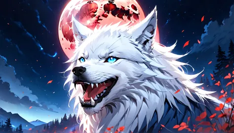 fantasy art, rpg art, a head shot of a howling white wolf at the night, starry night background full red moon, glowing blue eyes...