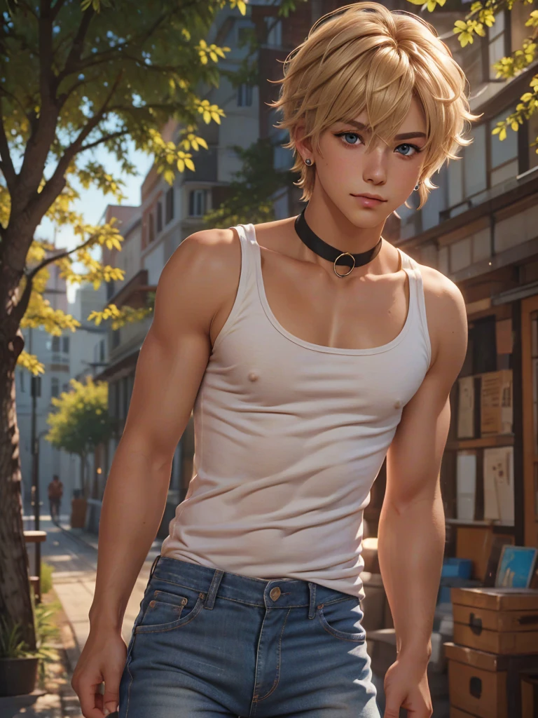 (best quality), 1boy, male, femboy, tanned skin, blonde hair, medium hair, side bangs, beautiful hairstyle, blue eyes, perfect eyes, cute face, choker, tank top, jeans, earrings, pout, skinny body, masterpiece, anatomically correct, highres
