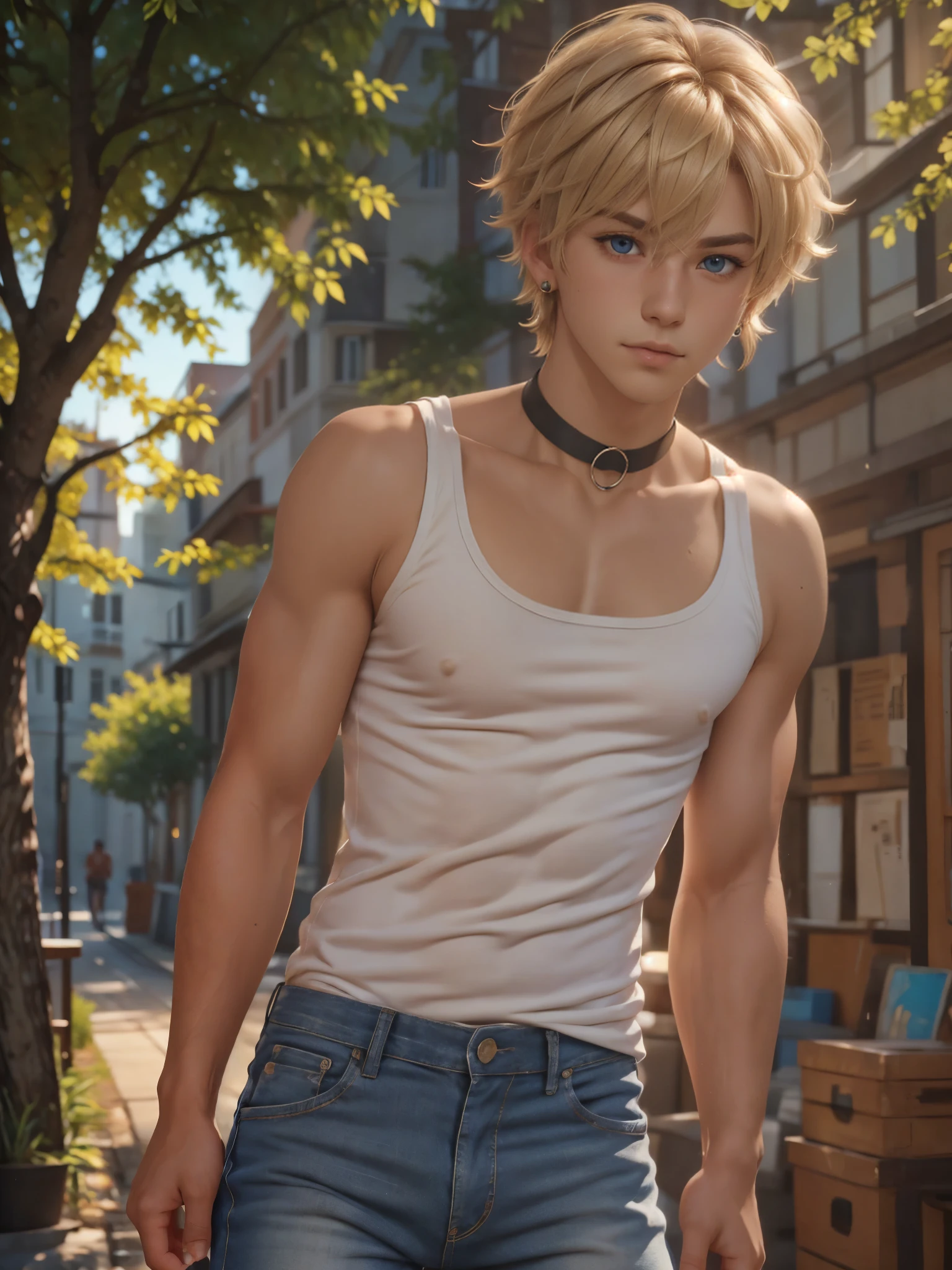 (best quality), 1boy, male, femboy, tanned skin, blonde hair, medium hair, side bangs, beautiful hairstyle, blue eyes, perfect eyes, cute face, choker, tank top, jeans, earrings, pout, skinny body, masterpiece, anatomically correct, highres
