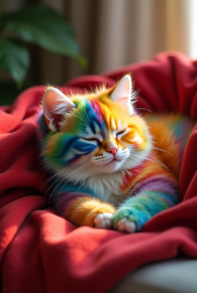 colorful、Fluffy cat，Baby Cat、very cute，，Mofumofu、Mofumofu、Ultimate HD image quality、Ultra-high resolution、Attention to detail、Highest quality、Seven Colors、Rainbow colors, clumsily tangled in a small red cape. The cape is wrapped around his body awkwardly, with his face peeking out comically. The background shows the living room, with toys scattered around.

