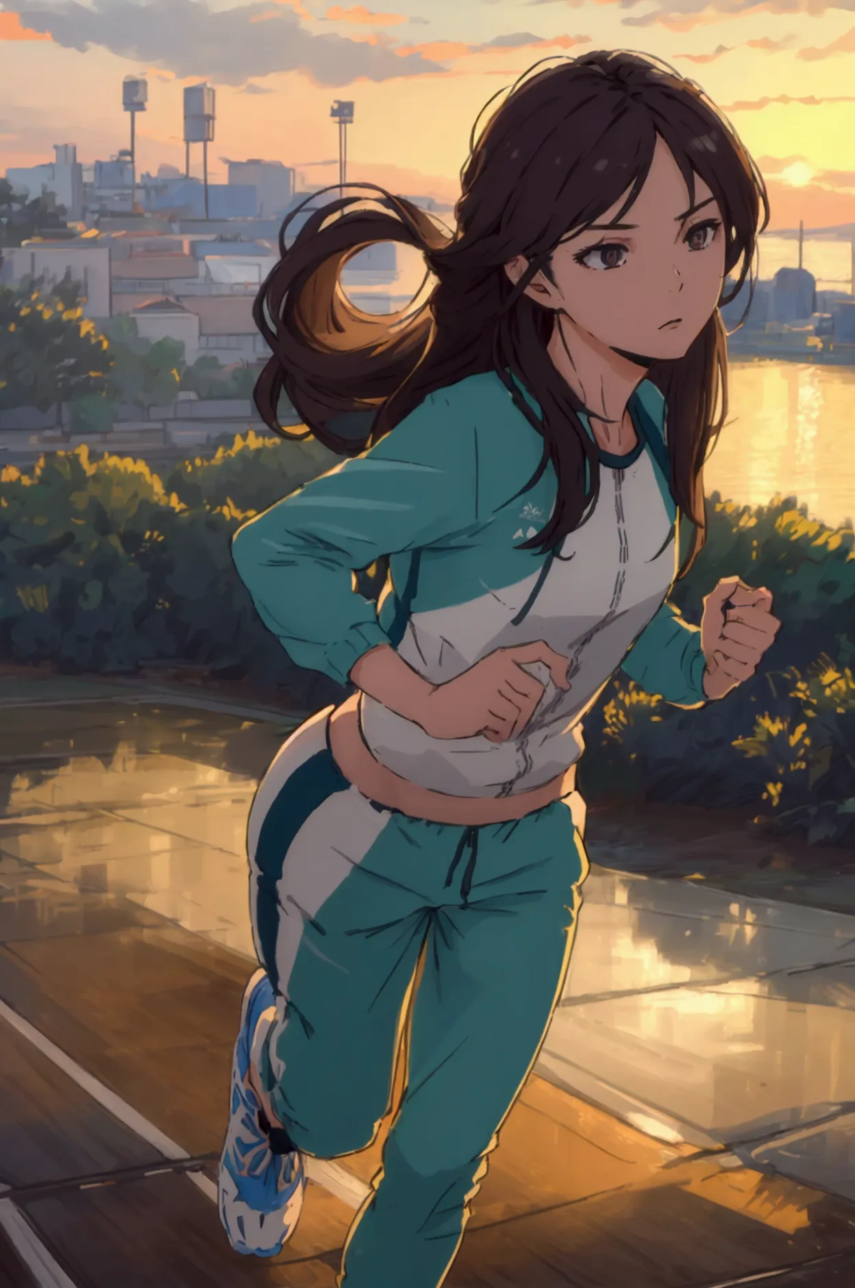 a girl in a track suit, long hair, running, dawn, (best quality,4k,8k,highres,masterpiece:1.2),ultra-detailed,(realistic,photore...