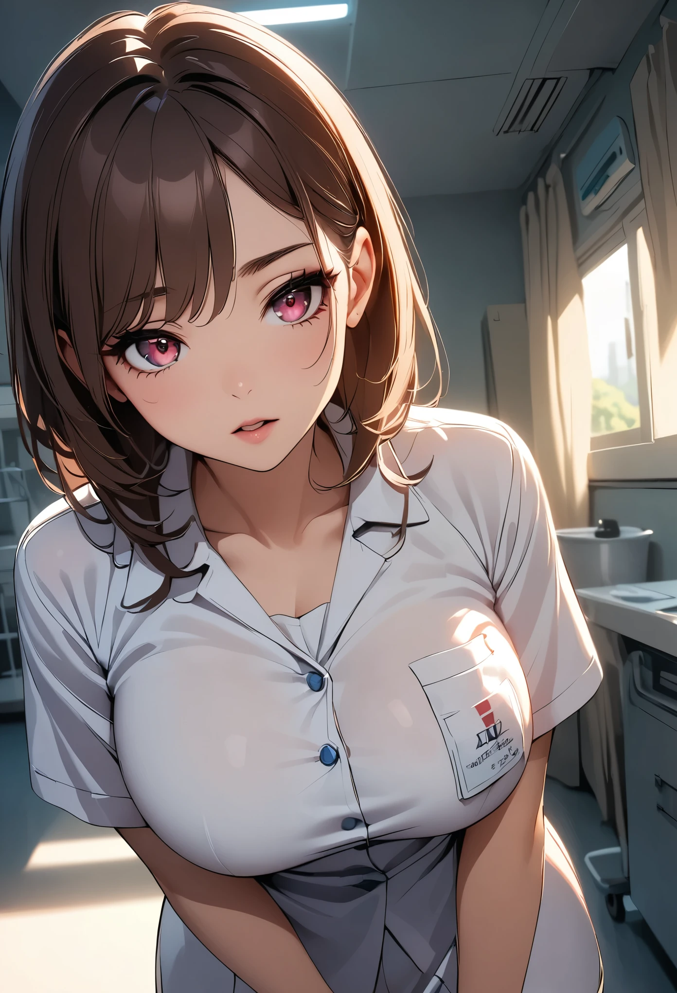 Sexy female doctor, Beautiful and detailed eyes, Moist lips, Mouth slightly open, Extremely detailed eyes and face, Long eyelashes, Sexy Makeup, Big Breasts, Brown Hair, Light red eyes, Medical Uniforms, Health Room, Dramatic lighting, Cinematic, 8k, Super fine, Kawaii illustration:1.37、Detailed CG illustration, masterpiece:1.2, elegant, Exquisite detail, Vibrant colors, Chiaroscuro, Dramatic contrast, Moody atmosphere, Dark Shadows, Cinematic照明.