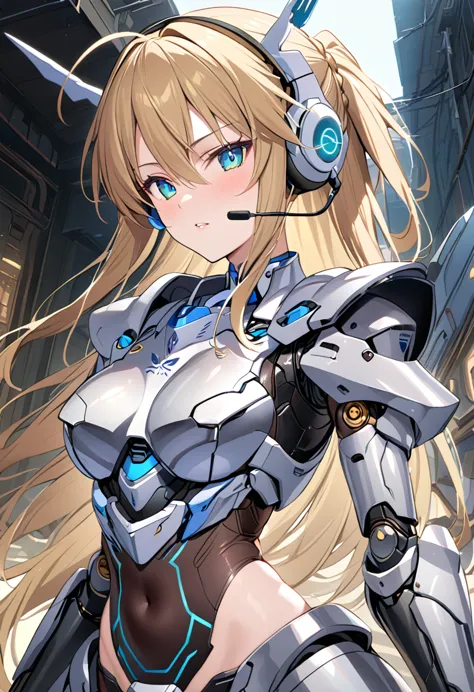 female combat robot、artoria pendragon、shiny silver armor、luminous skin、mechanical joints、machine eyes、headset、anatomically corre...