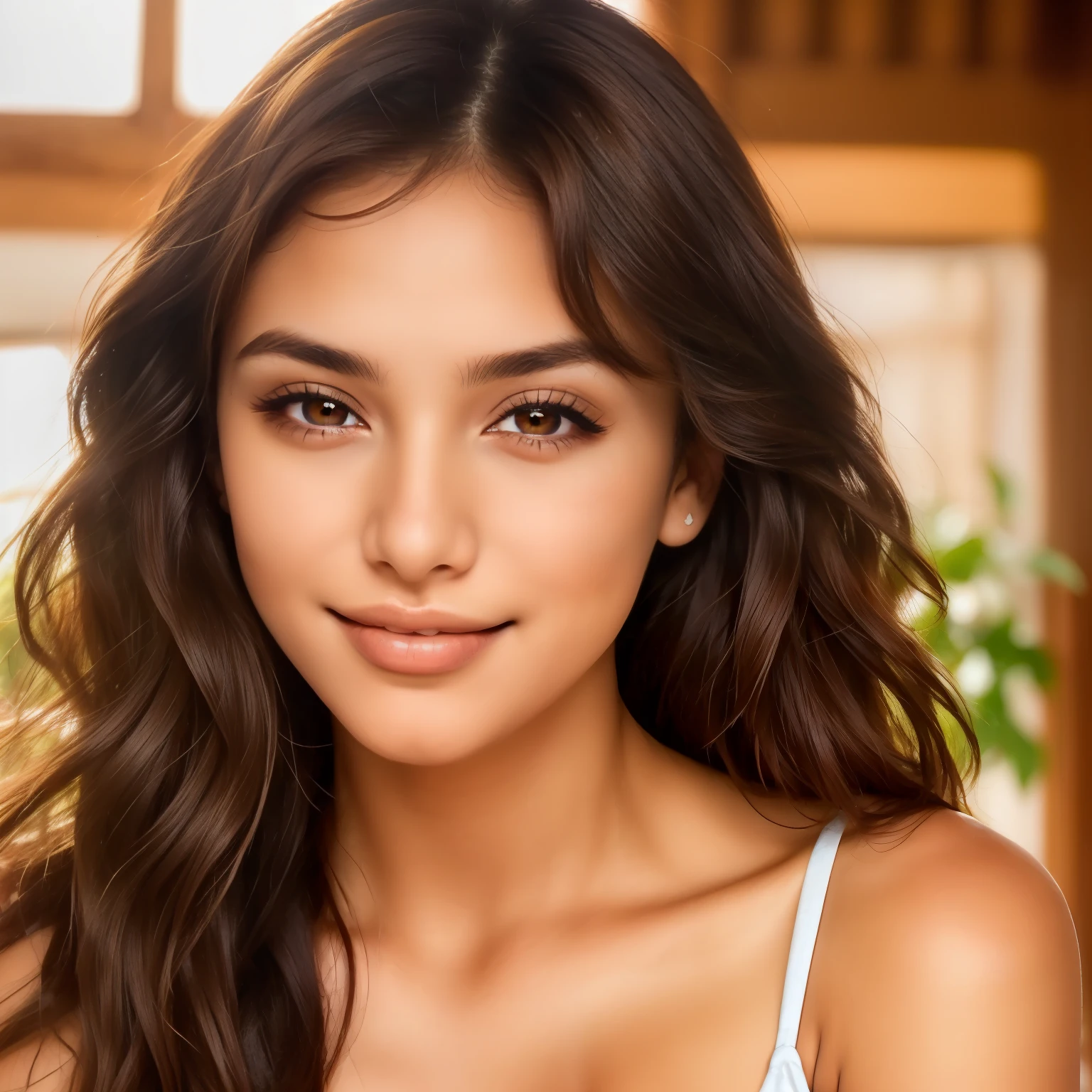 [(Latin American Female Model: 1.3), (charming, confident, seductive atmosphere in an indoor place)], [gentle smile, (vivid, expressive eyes: 1.5), (detailed pupil and eyelash clarity), (wavy, sun-kissed brown hair)]