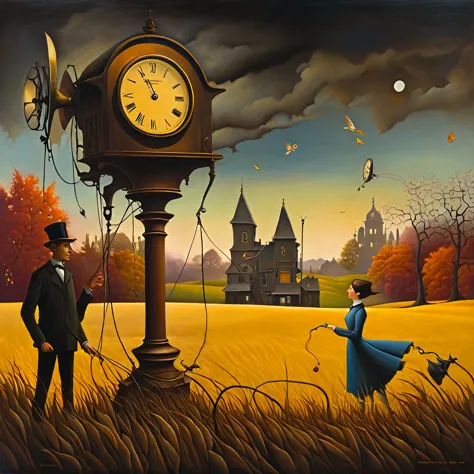 a surreal painting of a man and woman in a field with clocks, inspired by the illustrations of van allsburg, wizner, charles ada...