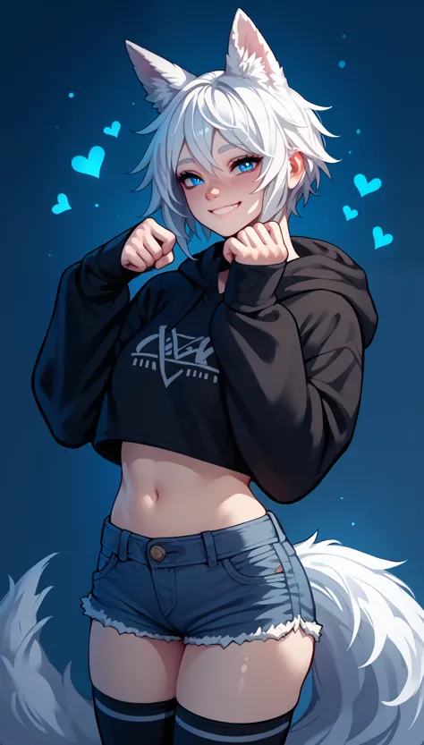 (zPDXL2), (PonyXLV6_Scores), source_anime, Expressiveh, solo, 

wide smile, tomgirl, cute face, adult, (white hair, short hairstyle), showing belly, small perky boobs, (shy, cute face expression, has glowing blue eyes), (wolf ears, wolf tail), calm pose, (wearing denim short shorts and a cropped black hoodie), (curvy body), (wearing thigh high socks)