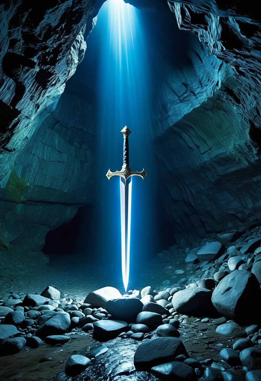 Excalibur、Stuck in the rock、Iridescent sword、Inside a deep cave、Light shines in from above、mysterious