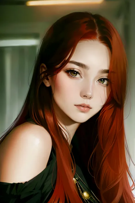 alone, very detailed, detailed face, very long hair, photo of a beautiful young woman, dasha_taran, sfw, ((red hair))