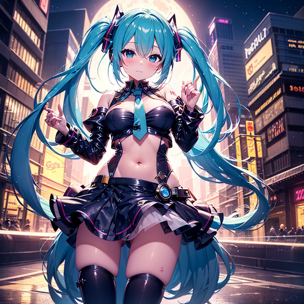 top-quality,in 8K,masterpiece,highly detailed,Impressionism,Photorealsitic,deep-shadows,blurry backround,Official art,ultra-detailliert,realisitic,Cinematic lighting, film grains,perfect anatomy,anatomically correct,depth of fields,elaborate design,solo,very sexy girl,Hatsune Miku,beautiful detailed droopy eyes,shy,blushing,slender body,,super detailed shiny skin,super detailed cute uniform,Half-naked girl,detailed skirt,in futuristic big city,buildings,midnight city,moon light