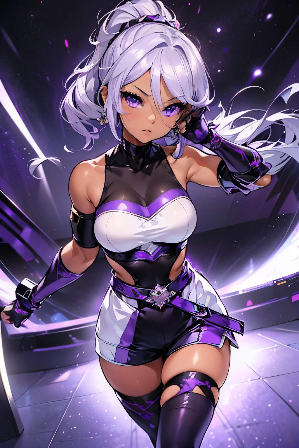 Produce an anime-style image, The girl, skin black, , ha ((purple eyes)) enchanting. {darkskin} hair as white as snow, The girl de corpo inteiro, Possession of a goddess, an ancient goddess, Galaxy Eyes,  ((one caracter))), Woman, (((darkskin)))), white hair in a ponytail, Purple eyes with a galaxy, Round glasses with slightly dark lenses, being these orange lenses, and light blue frame, (((Black metallic gauntlets and greaves with purple and silver highlights)), (((The clothes have a mix of modern and tribal)))), Sendo predominanhaente preta, but with purple parts, shoulders exposed, on the hips, shorts that extend to mid-thigh in black.
