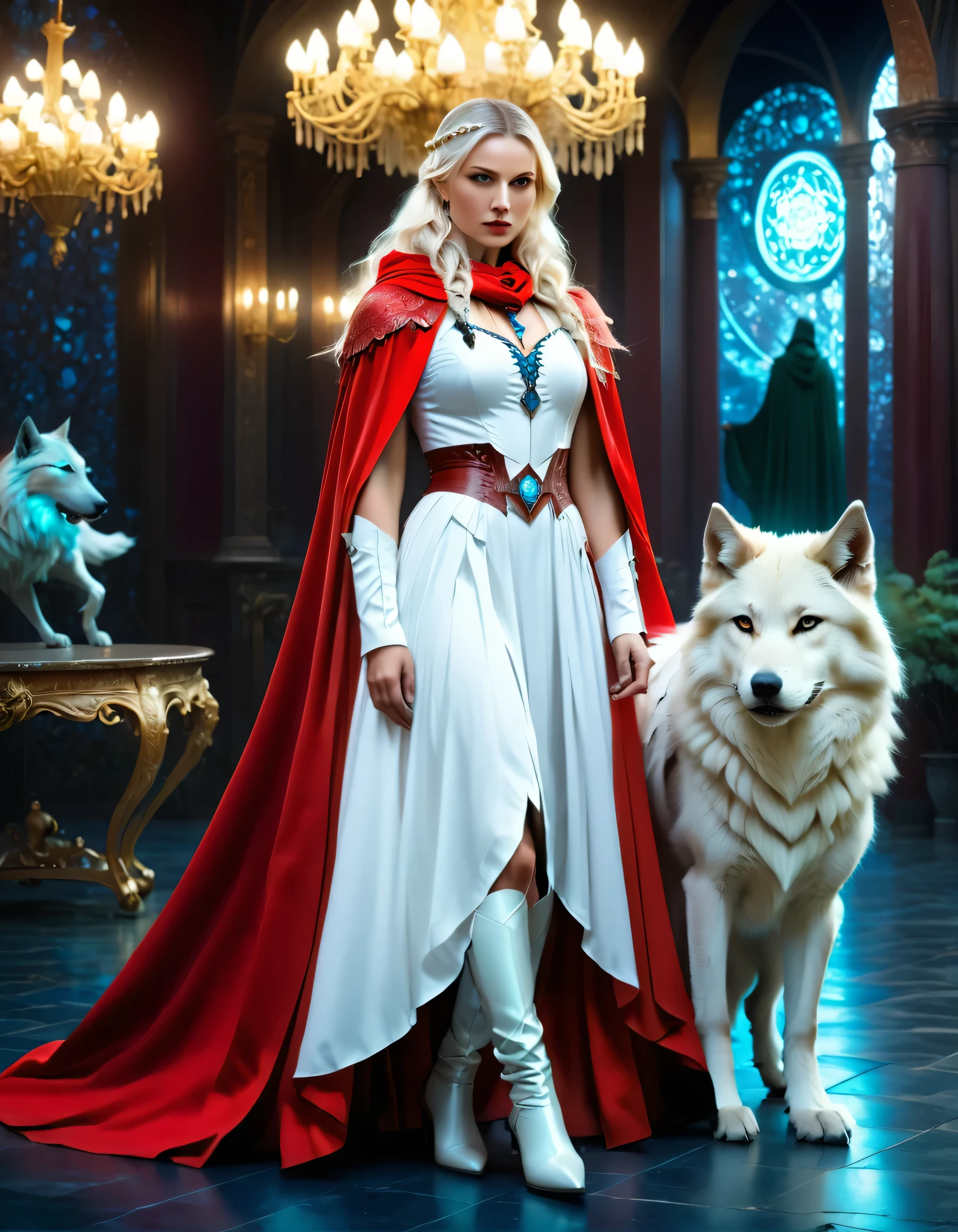 fantasy art, RPG art, ultra wide shot, RAW, photorealistic, a picture of woman and her (white: 1.4) wolf pet, the woman,  an exquisite beautiful human woman, long blond hair, braided hair, green eyes, wearing elegant silk dress, intricate dress,  wearing (red cloak: 1.1), wearing high heeled boots, standing in a fantasy ballroom, an epic ((white)) wolf stands near her, glowing blue eyes, protecting her, fantasy ballroom at night background, best quality, 16k, [ultra detailed], masterpiece, best quality, (ultra detailed), full body, ultra wide shot, photorealism