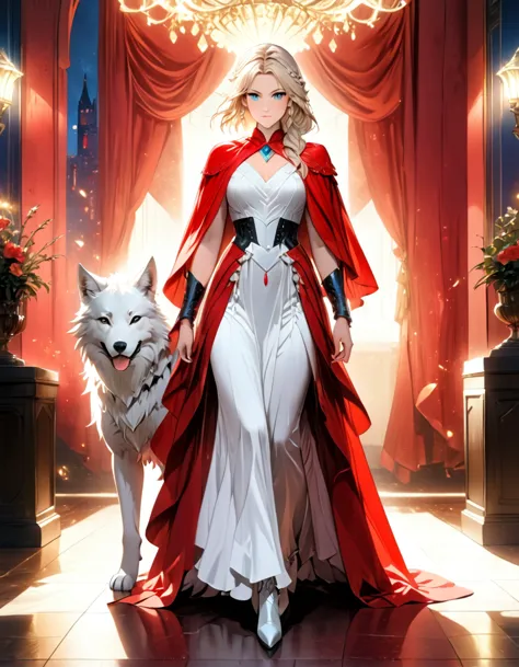 fantasy art, rpg art, ultra wide shot, raw, photorealistic, a picture of woman and her (white: 1.4) wolf pet, the woman,  an exq...