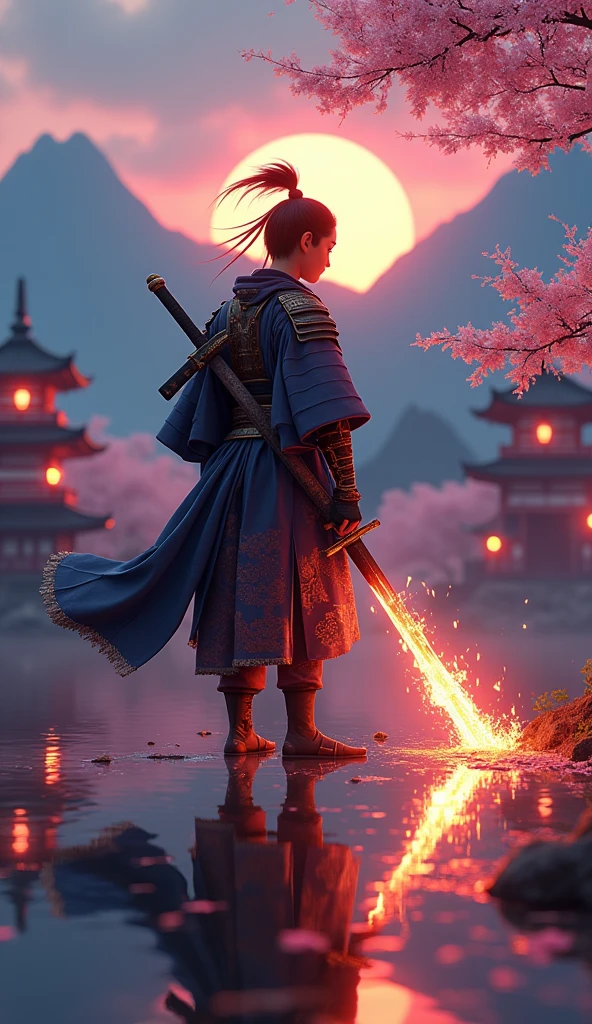 Rendered in stunning 3D Blender with Unreal Engine, this hyper-detailed, photorealistic scene draws inspiration from the animation style of ‘Your Name’. A powerful samurai, with animated features reminiscent of that film’s soft yet vibrant aesthetic, stands firmly in a beautifully crafted twilight landscape. His burning katana blazes with ethereal, lifelike flames, casting a warm, flickering light across his intricately designed armor. Every element is meticulously detailed, from the delicate threads of his ceremonial garb to the weathered texture of his sword’s hilt.

In the background, a traditional Japanese setting unfolds with the magic of twilight: towering mountains silhouetted against a colorful sky, ancient temples glowing softly with lantern light, and cherry blossom petals drifting through the air. The reflections on a nearby pond shimmer with realism, while the surrounding trees, rendered with incredible depth and texture, sway gently in the evening breeze. The atmosphere blends the dreamy, surreal tones of ‘Your Name’ with the realism and emotional depth of modern animation technology, bringing the scene to life in a breathtaking, almost tangible way.