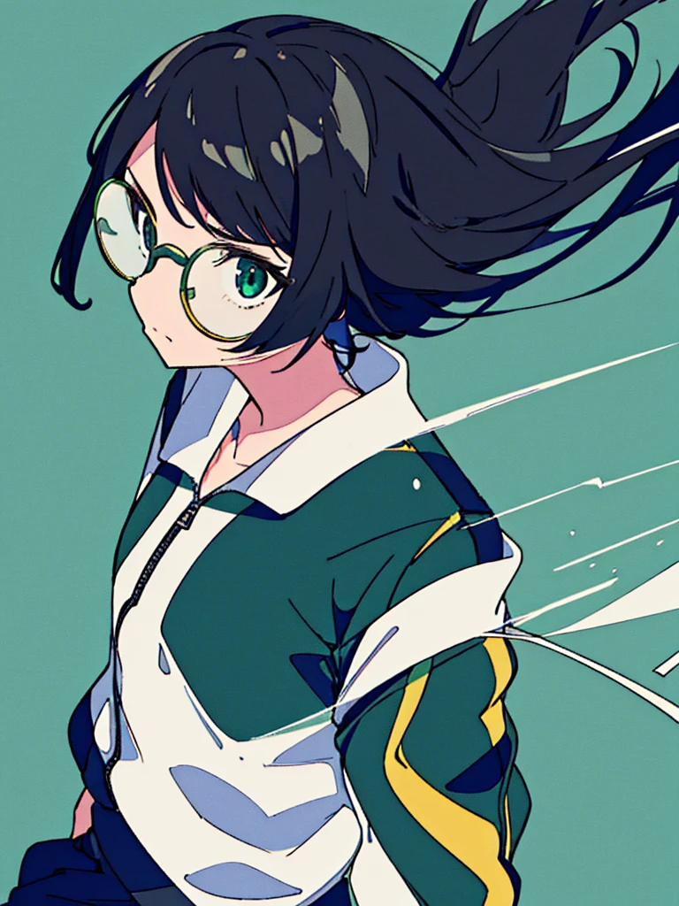 masterpiece, best quality, One girl, monochrome, upper body, jitome, wearing round glasses, Track Jacket, bob hair, high angle, Dynamic feeling, transparency, Anime, blue green background, melancholy, 