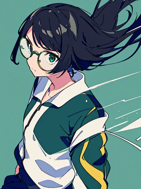 masterpiece, best quality, one girl, monochrome, upper body, jitome, wearing round glasses, track jacket, bob hair, high angle, ...