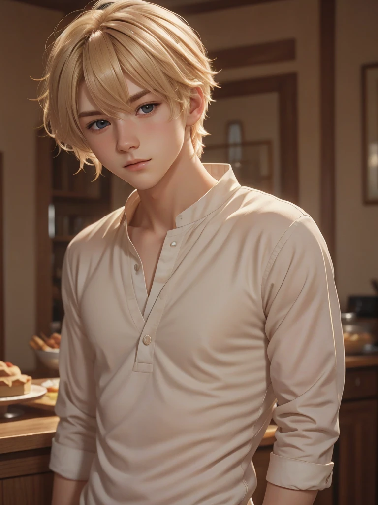 (best quality), 1boy, male, porcelain skin, blonde hair, medium hair, straight hair, side swept bangs, brown eyes, perfect eyes, boyish, cute face, patissier uniform, skinny body, masterpiece, anatomically correct, highres
