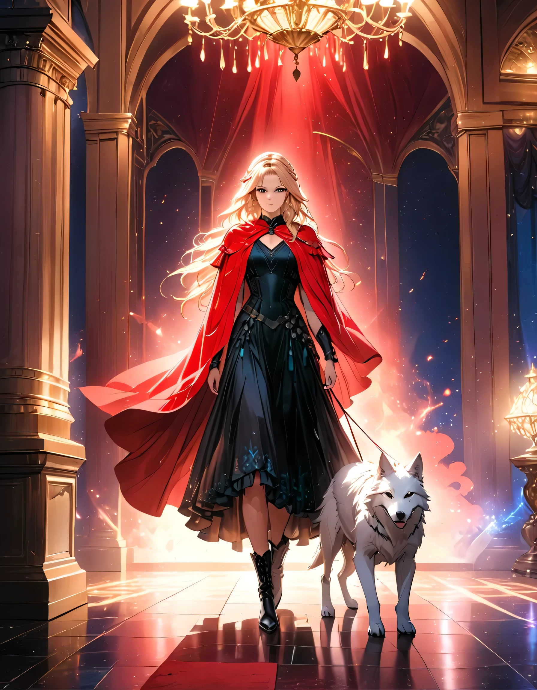 fantasy art, RPG art, ultra wide shot, RAW, photorealistic, a picture of woman and her (white: 1.4) wolf pet, the woman,  an exquisite beautiful human woman, long blond hair, braided hair, green eyes, wearing elegant silk dress, intricate dress,  wearing (red cloak: 1.1), wearing high heeled boots, standing in a fantasy ballroom, an epic ((white)) wolf stands near her, glowing blue eyes, protecting her, fantasy ballroom at night background, best quality, 16k, [ultra detailed], masterpiece, best quality, (ultra detailed), full body, ultra wide shot, photorealism