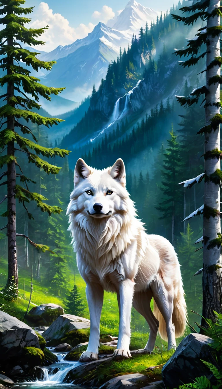 Deep in the mountains and wild forests.White wolf&#39;s hair is as white as snow,Like a beautiful silver-white cloak。Triangular head,Eyes sharp and full of majesty,Deep eyes are like two blue ice lakes。Pointed ears,Capturing the movements around。Its nose is moist and pink,Open slightly from time to time,Exhaling wisps of white hot air。intricate details 空靈的氣氛 完美的構圖, intricate details, A masterpiece