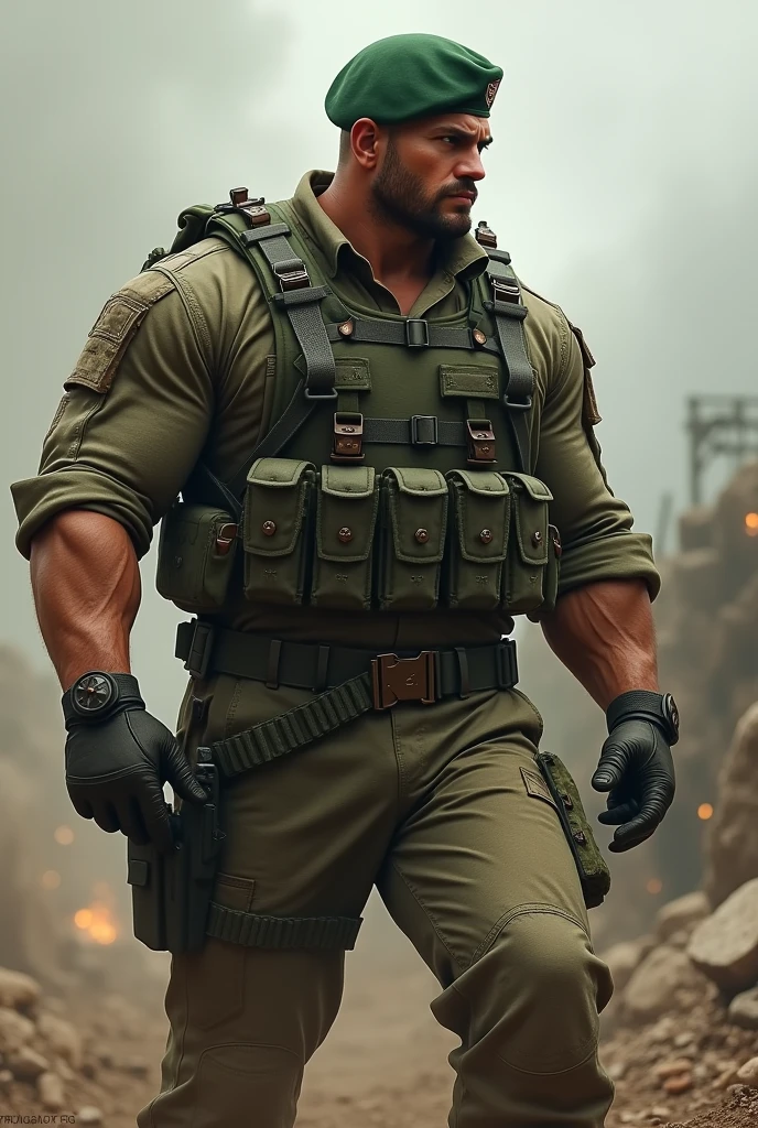 A very handsome big muscular man wearing a soldier combar uniform, with tactical gloves and spec ops green beret, rolled up sleeves, showing biceps, background a battlefield