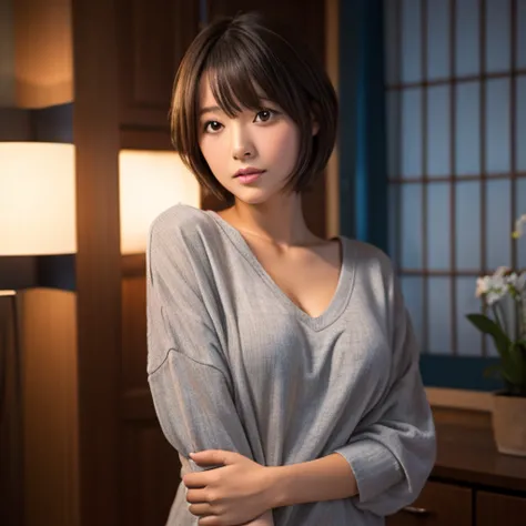 a japanese girl with oversized gray v neck shirts, at night, brown short cut hair, selfie, (larger breasts : 0.8), jeans, 1girl,...