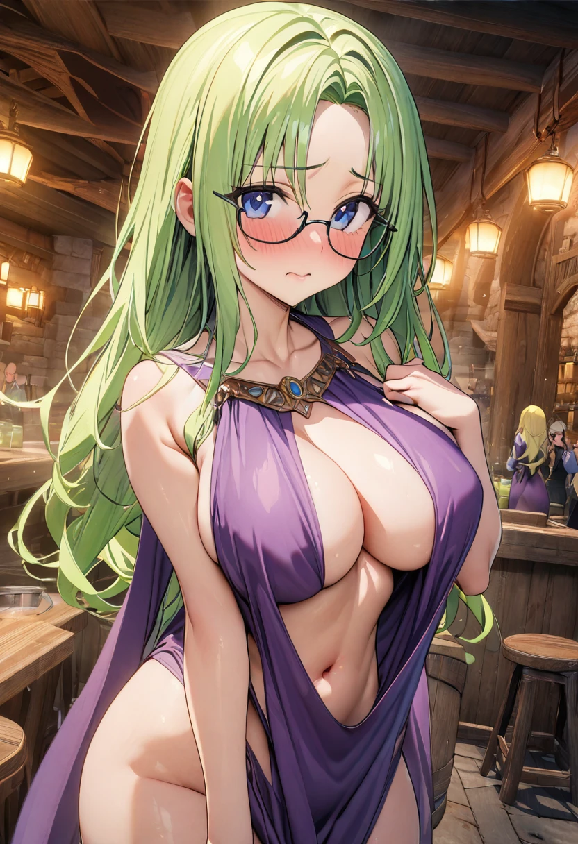 ((masterpiece,Highest quality,8k,Ultra-high resolution)),  1 person　、Adult woman in her 20s　,  Momo Juvenile Deviluke,                                     View your viewers　、　Embarrassed　,                                                             Yellow-green hair　, Long Hair　　 、(Center parted bangs) 　　、　　　　Blue eyes   　、Square Glasses　     　、                           The body is slim,   Big Breasts　　、　Purple Arabian Costume　、　Tavern