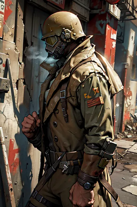 a male soldier, of a post apocalyptic future, a soldier of a post apocalyptic government, fallout style. profile image focusing ...