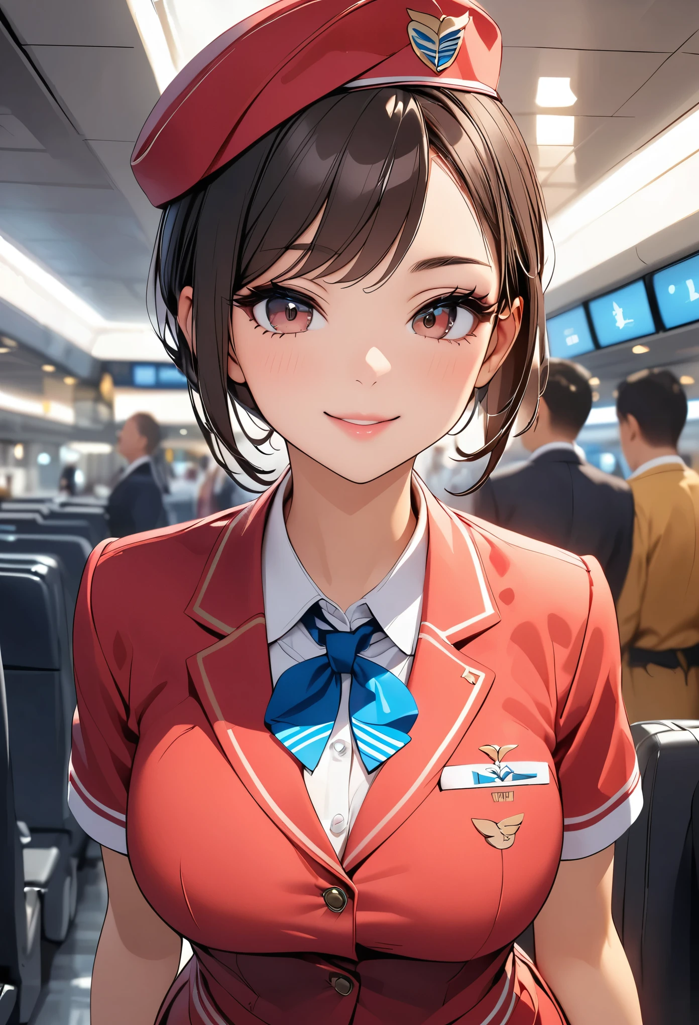 Beautiful flight attendant、Cute female flight attendant、Elegant flight attendant、Detailed face and eyes、Long eyelashes、Beautiful Lips、Cute Smile、Professional uniform、young woman、Detailed fabrics and textures、Indoor airport environment、Soft lighting、Subtle digital art、8k、Highest quality、Detailed Description、Very detailed