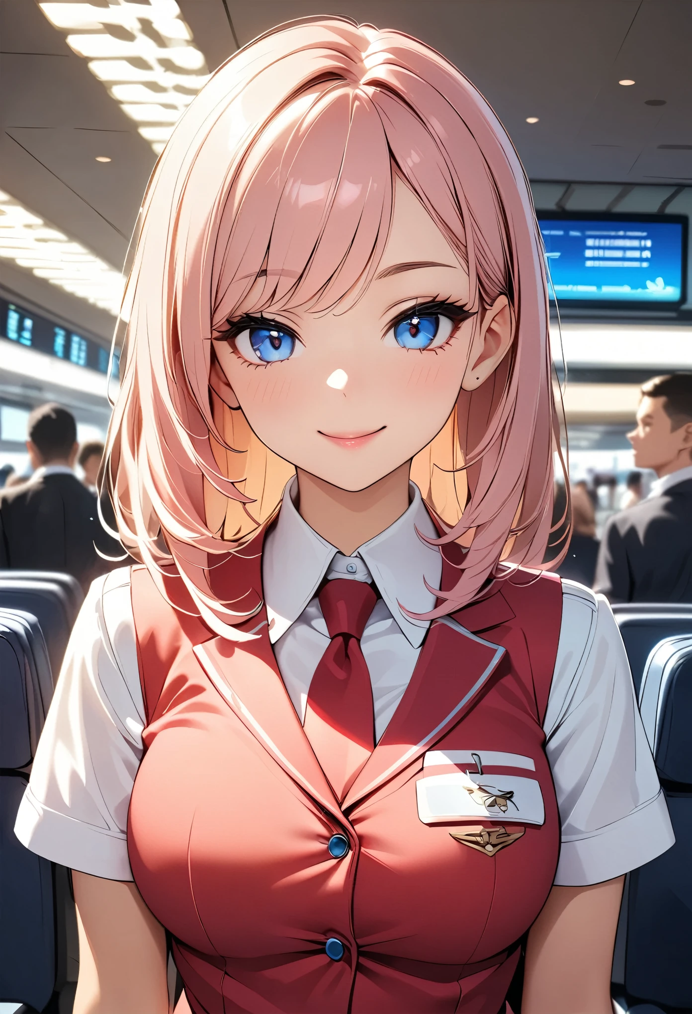 Beautiful flight attendant、Cute female flight attendant、Elegant flight attendant、Detailed face and eyes、Long eyelashes、Beautiful Lips、Cute Smile、Professional uniform、young woman、Detailed fabrics and textures、Indoor airport environment、Soft lighting、Subtle digital art、8k、Highest quality、Detailed Description、Very detailed