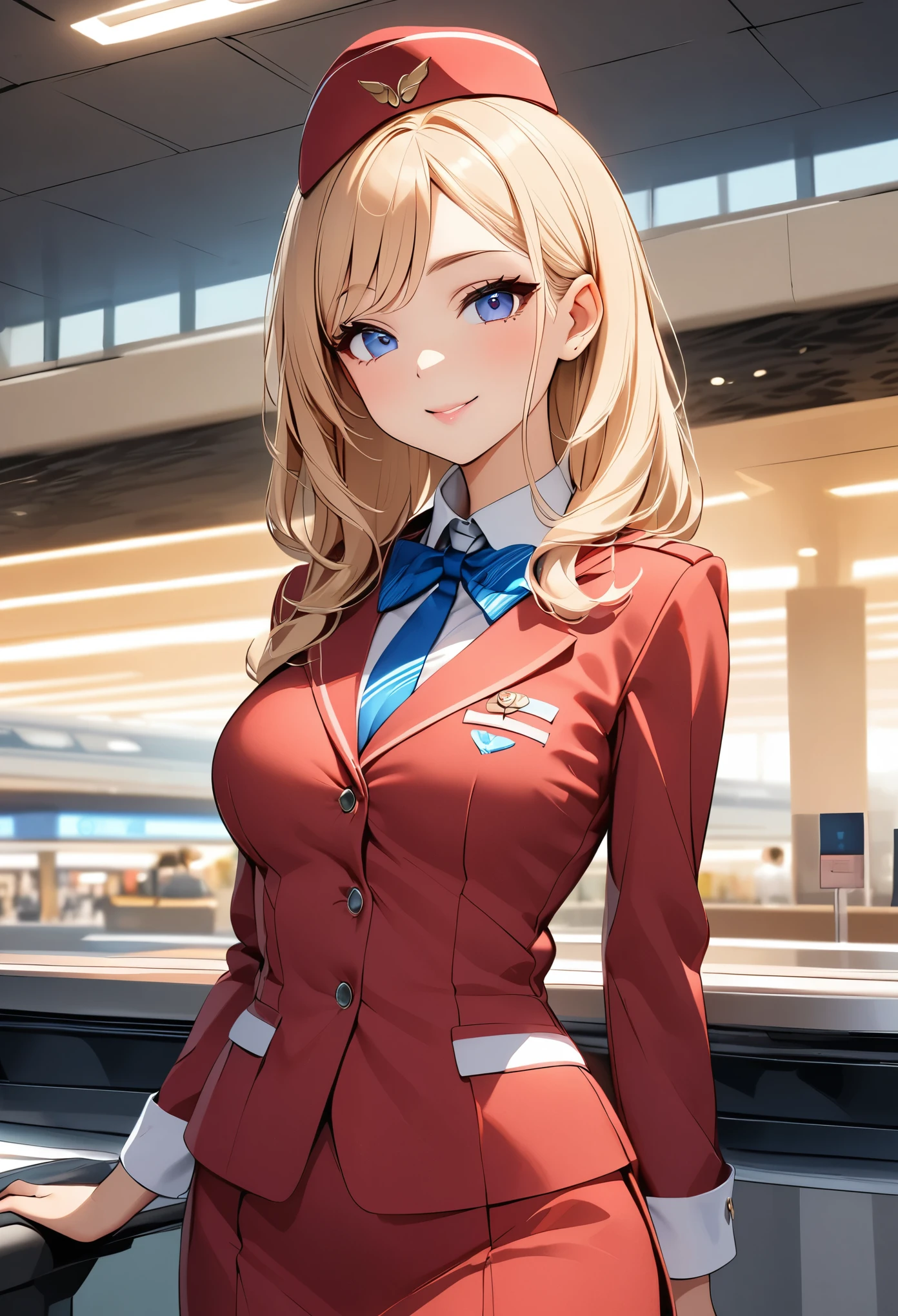 Beautiful flight attendant、Cute female flight attendant、Elegant flight attendant、Detailed face and eyes、Long eyelashes、Beautiful Lips、Cute Smile、Professional uniform、young woman、Detailed fabrics and textures、Indoor airport environment、Soft lighting、Subtle digital art、8k、Highest quality、Detailed Description、Very detailed