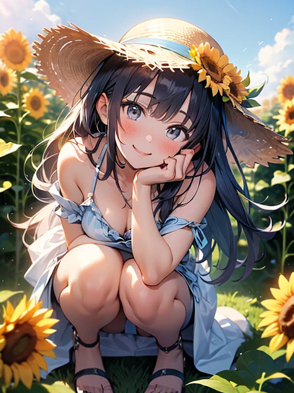 (((masterpiece, Highest quality, High resolution, 超High resolution,High Contrast,High saturation,Detailed Background,Pixel Perfect, Written boundary depth, 4K, RTTX10.0, Human Development Report)))、One person、Very cute girl、（Highly detailed face）、smile、Blushing、Bright Sun、Straw hat、（A white dress with bare shoulders）、Cute Sandals、（Sunflower field）