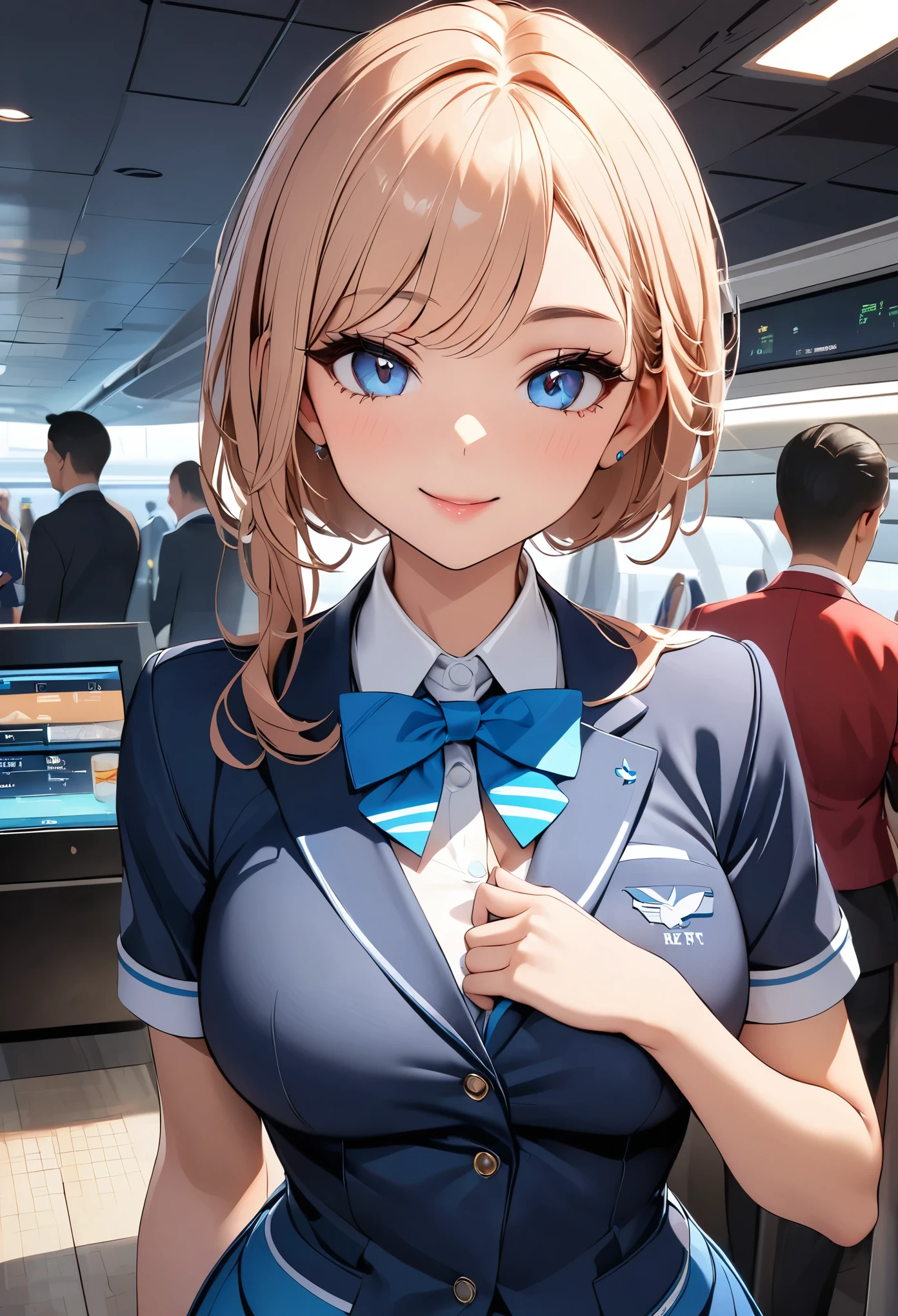 Beautiful flight attendant、Cute female flight attendant、Elegant flight attendant、Detailed face and eyes、Long eyelashes、Beautiful Lips、Cute Smile、Professional uniform、young woman、Detailed fabrics and textures、Indoor airport environment、Soft lighting、Subtle digital art、8k、Highest quality、Detailed Description、Very detailed