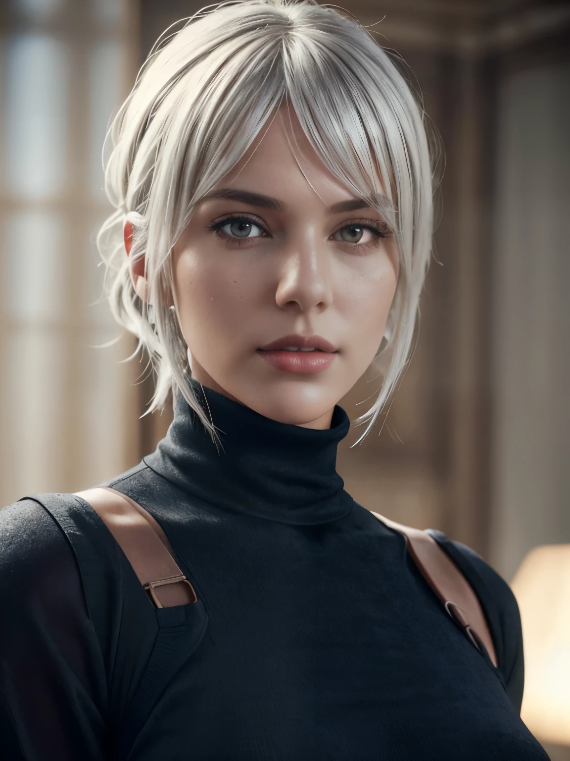  nier automata, Realistic, Photorealistic,cowboy shot,  white skin, and a soft face, (best quality, highres:1.2), 1girl, beautiful detailed eyes, beautiful detailed lips, extremely detailed eyes and face, long eyelashes,  show nipples, show vagina, spread legs,  HDR, studio lighting,  sharp focus, physically-based rendering, extreme detail description, portraitig breasts, perfect shape,  facing viewer, sweaty, gorgeous, appearing in full frame, sleeveless turtleneck, 1young girls, good-looking, One Girl, Wow,   Dress cutout, Old Western castle street background, Hair between the eyes, head band,  High resolution, Juliet Sleeve, Long sleeve, nier (series), Fluffy sleeves, Red lips, Lips with raised corners of the mouth, Smiling Lips, Shadow Face, short hair, alone, Turtleneck sweater,  l Blue-white silver hair, zero、{{masterpiece、highest quality、(((Realistic、Realistic:1.37)))、8K quality、very detailed and beautiful、It&#39;s a very impressive expression、Large file size、Very detailed}},,(((wide hips))), toned body, detailed eyes,、