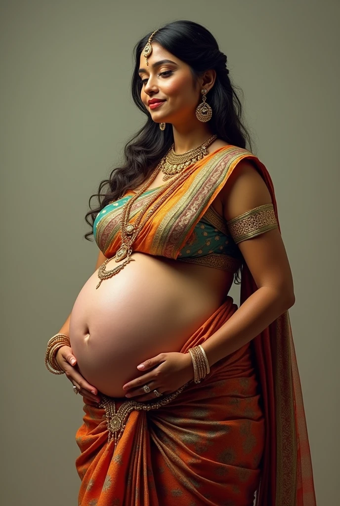 skinny voluptuous pregnant Indian woman. sari. gigantic breasts. gigantic belly.