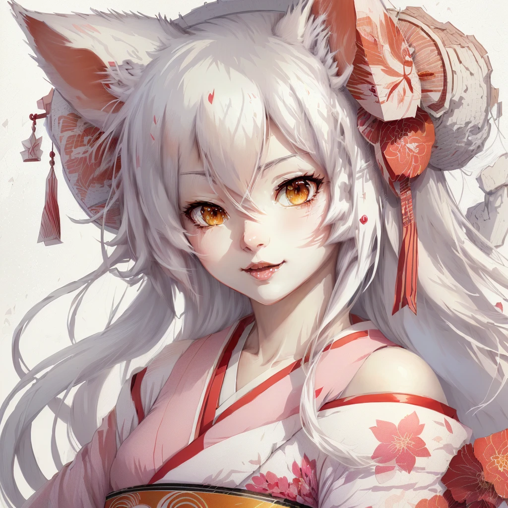 Anime girl with white hair and pink and red kimono, beautiful Anime Catgirl, very beautiful Anime Cat girl, Anime Cat, Cat ears anime girl, White fox, Portrait of Ahri, detailed Digital anime art, White cat lady, Digital anime art, Cute Anime Girl Portrait, Digital anime illustration, cute Anime Catgirl, Beautiful Anime Girls