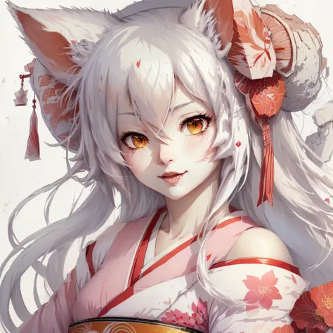 anime girl with white hair and pink and red kimono, beautiful anime catgirl, very beautiful anime cat girl, anime cat, cat ears ...