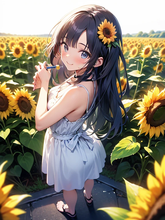 (((masterpiece, Highest quality, High resolution, 超High resolution,High Contrast,High saturation,Detailed Background,Pixel Perfect, Written boundary depth, 4K, RTTX10.0, Human Development Report)))、One person、Very cute girl、（Highly detailed face）、smile、Blushing、Bright Sun、Straw hat、（A white dress with bare shoulders）、Standing、Rear view、Turning around、Cute Sandals、（Sunflower field）