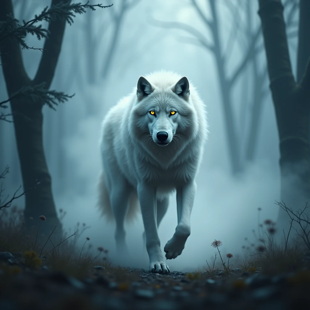 a white wolf walking through a misty forest, ghostly mist concealing its form, detailed fur, glowing yellow eyes, serene atmosphere, moody lighting, dramatic shadows, cinematic composition, fantasy landscape, detailed environment, (best quality,4k,8k,highres,masterpiece:1.2),ultra-detailed,(realistic,photorealistic,photo-realistic:1.37),cinematic lighting,dramatic shadows,intricate details,moody atmosphere,fantasy forest,glowing eyes,mystical,ethereal,dramatic composition