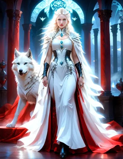 fantasy art, rpg art, ultra wide shot, raw, photorealistic, a picture of woman and her (white: 1.4) wolf pet, the woman,  an exq...