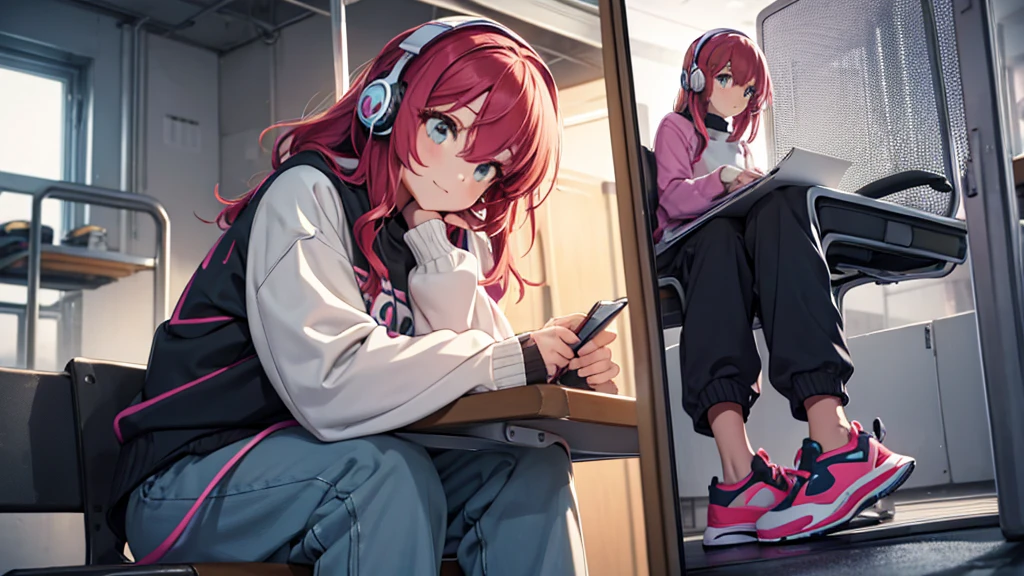 Girl studying with headphones, colorful sweater, wide pants with sneakers, funny hair.