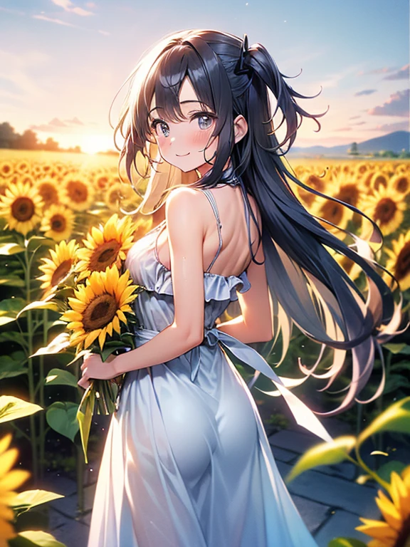 (((masterpiece, Highest quality, High resolution, 超High resolution,High Contrast,High saturation,Detailed Background,Pixel Perfect, Written boundary depth, 4K, RTTX10.0, Human Development Report)))、One person、Very cute girl、（Highly detailed face）、smile、Blushing、Bright Sun、Straw hat、（A white dress with bare shoulders）、Standing、Rear view、Turning around、Cute Sandals、（Sunflower field）