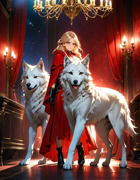 fantasy art, rpg art, ultra wide shot, raw, photorealistic, a picture of woman and her (white: 1.4) wolf pet, the woman,  an exq...