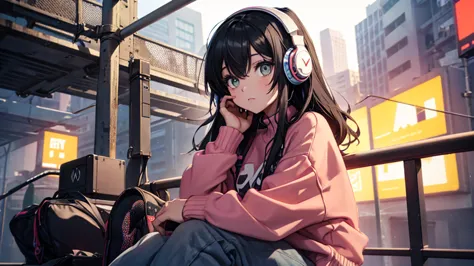 young woman sitting listening to music with headphones, colorful sweater, wide pants, sports shoes, funny black hair, big eyes, ...