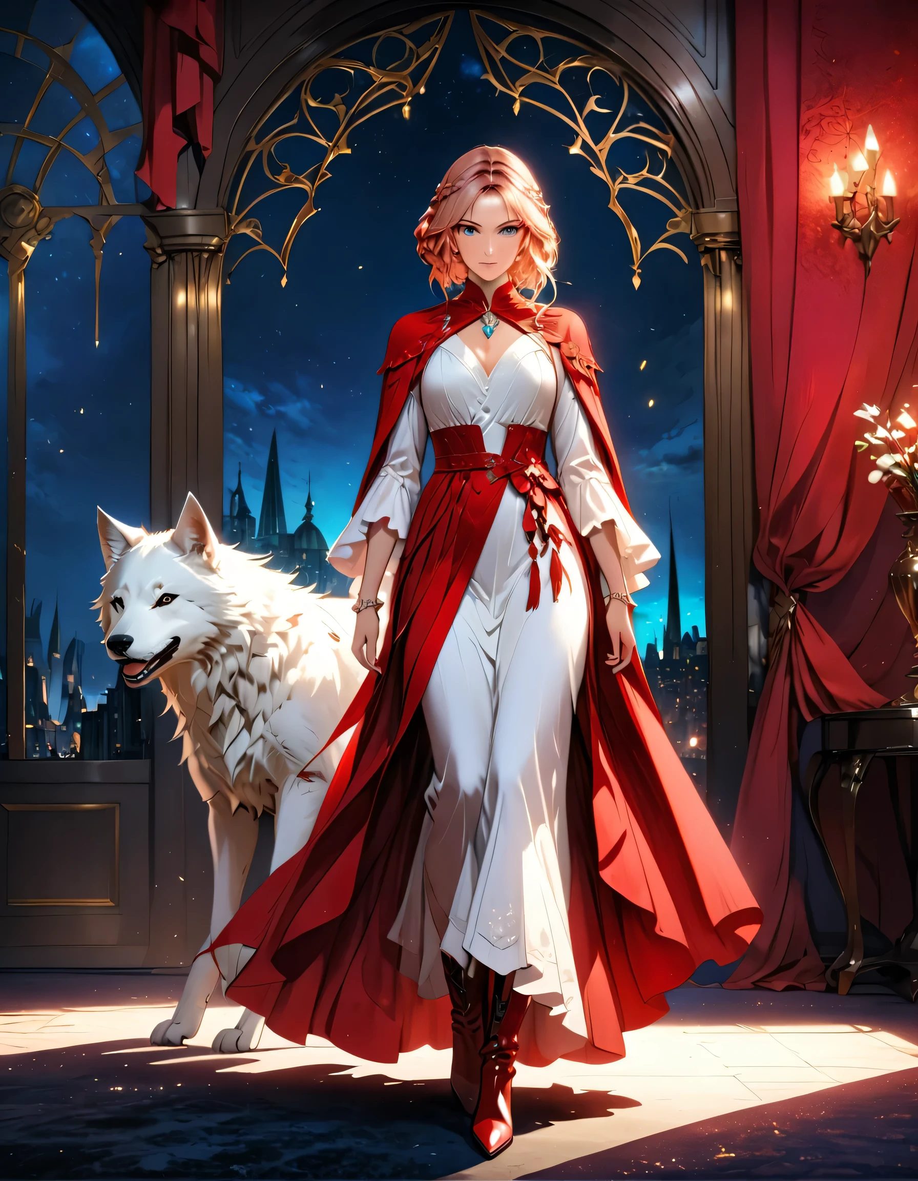 fantasy art, RPG art, ultra wide shot, RAW, photorealistic, a picture of woman and her (white: 1.4) wolf pet, the woman,  an exquisite beautiful human woman, long blond hair, braided hair, green eyes, wearing elegant silk dress, intricate dress,  wearing (red cloak: 1.1), wearing high heeled boots, standing in a fantasy ballroom, an epic ((white)) wolf stands near her, glowing blue eyes, protecting her, fantasy ballroom at night background, best quality, 16k, [ultra detailed], masterpiece, best quality, (ultra detailed), full body, ultra wide shot, photorealism