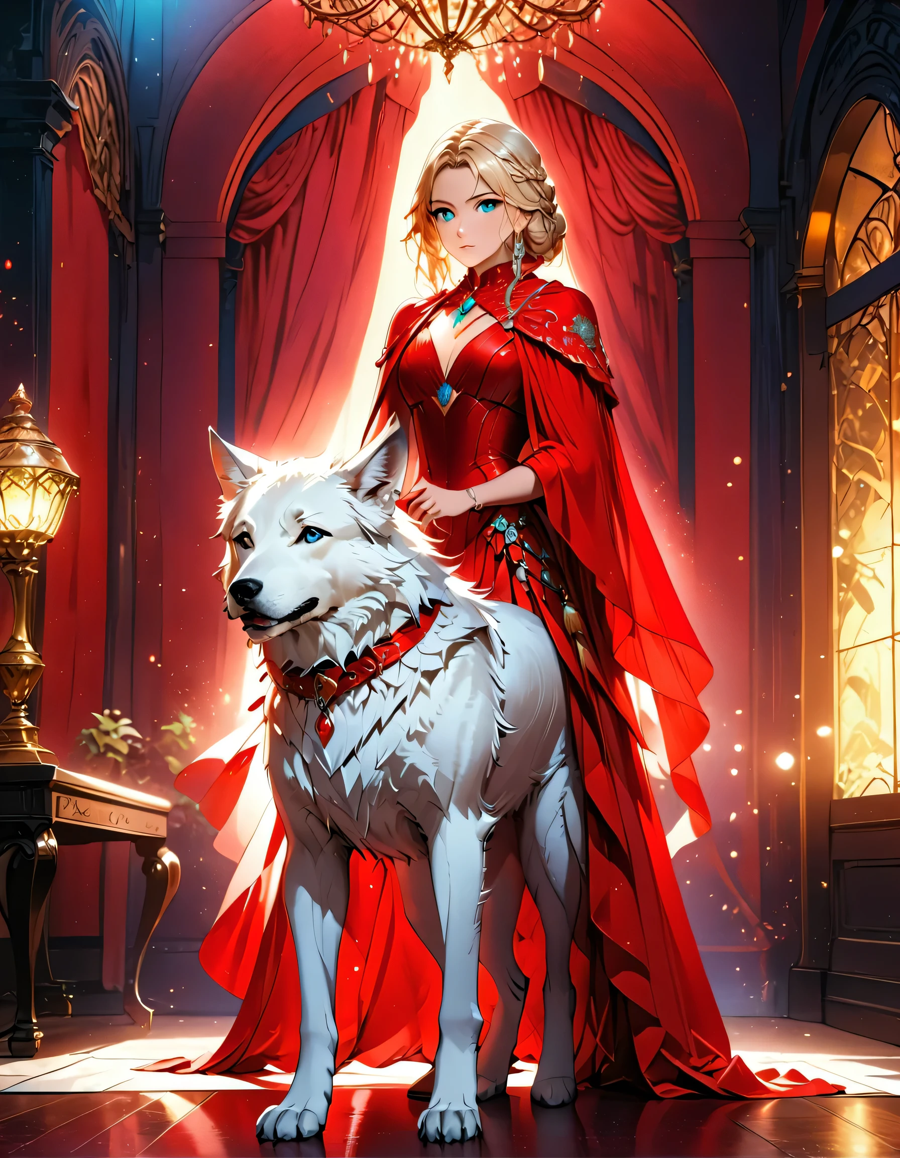 fantasy art, RPG art, ultra wide shot, RAW, photorealistic, a picture of woman and her (white: 1.4) wolf pet, the woman,  an exquisite beautiful human woman, long blond hair, braided hair, green eyes, wearing elegant silk dress, intricate dress,  wearing (red cloak: 1.1), wearing high heeled boots, standing in a fantasy ballroom, an epic ((white)) wolf stands near her, glowing blue eyes, protecting her, fantasy ballroom at night background, best quality, 16k, [ultra detailed], masterpiece, best quality, (ultra detailed), full body, ultra wide shot, photorealism