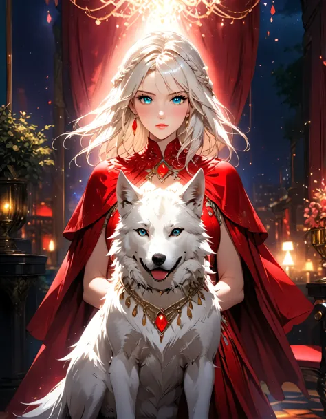 fantasy art, rpg art, ultra wide shot, raw, photorealistic, a picture of woman and her (white: 1.4) wolf pet, the woman,  an exq...