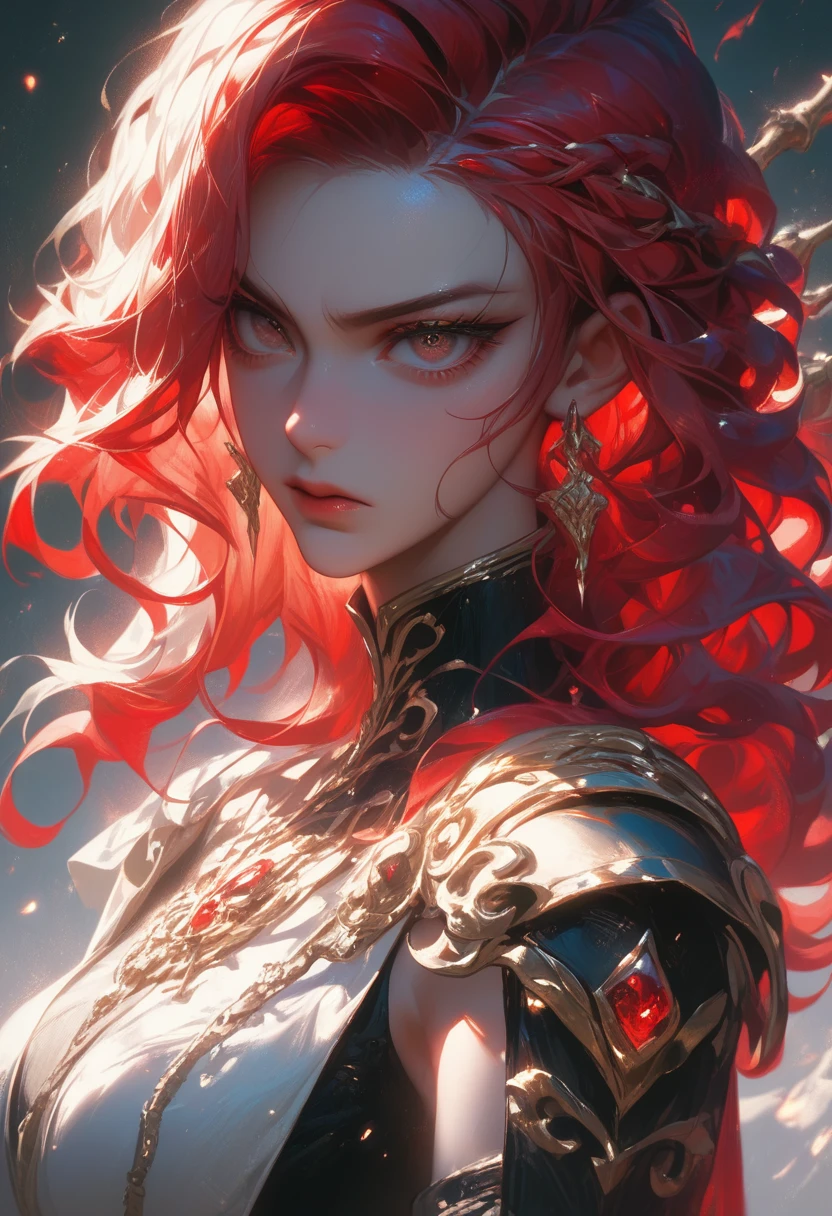 A captivating and haunting image of MaleniaNorm, her battle-worn beauty and unyielding grace captured in stunning detail. Her skin is a pale, almost ethereal tone, marked with faint scars and the wear of countless battles. Her long, fiery red hair cascades around her, contrasting sharply with her golden helm and armor, adorned with intricate thorn-like designs. She stands dressed in her iconic, tattered crimson and gold attire, the fabric and metal telling a tale of endless conflict and resilience. Her ghostly, determined eyes pierce through the scene, exuding both strength and sorrow. The high-quality rendering captures every detail of Malenia’s enigmatic and fearsome presence, drawing viewers into the dark, enchanted world of the Lands Between, where beauty and brutality coexist in a mesmerizing dance. 