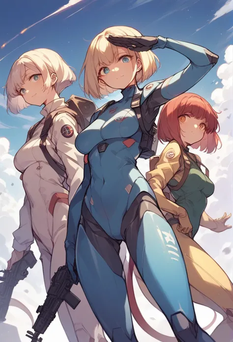 three girls、pilot suit、automatic rifle、salute、land combat robot in the background、robots are mass-produced、short girl with bob c...