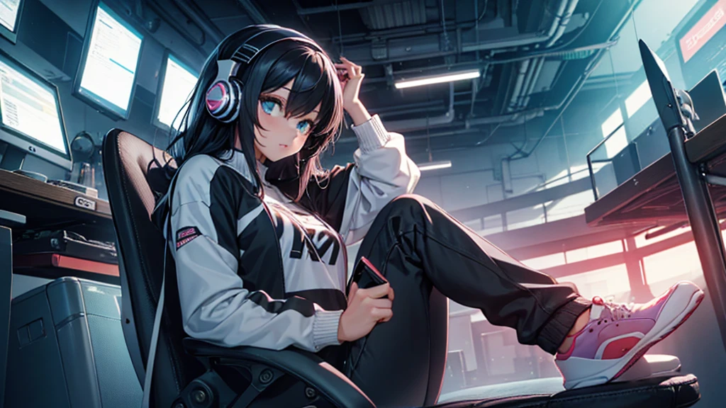 Young woman sitting studying, full body design, listening to music with headphones, lucky colors, wide pants, sports shoes, funny black hair, big eyes, cyber punk